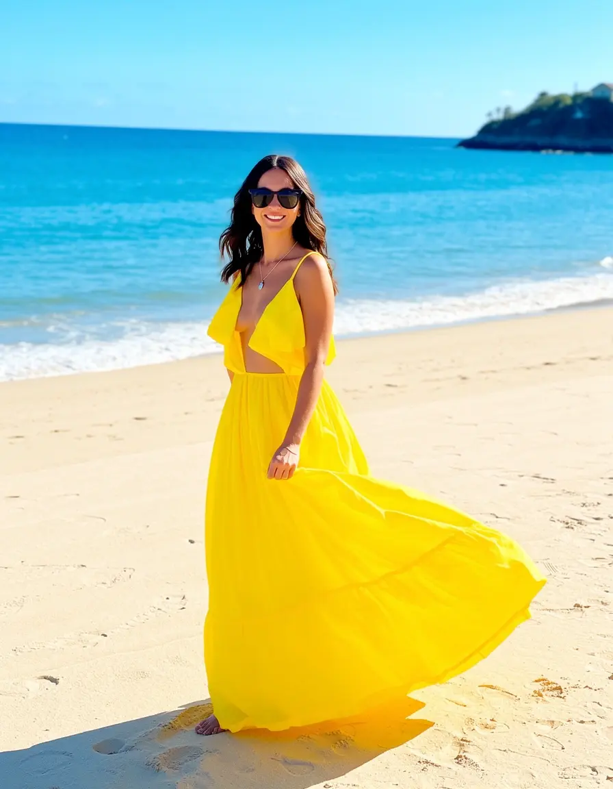 Frau in einem sonnig gelben Maxikleid am Strand