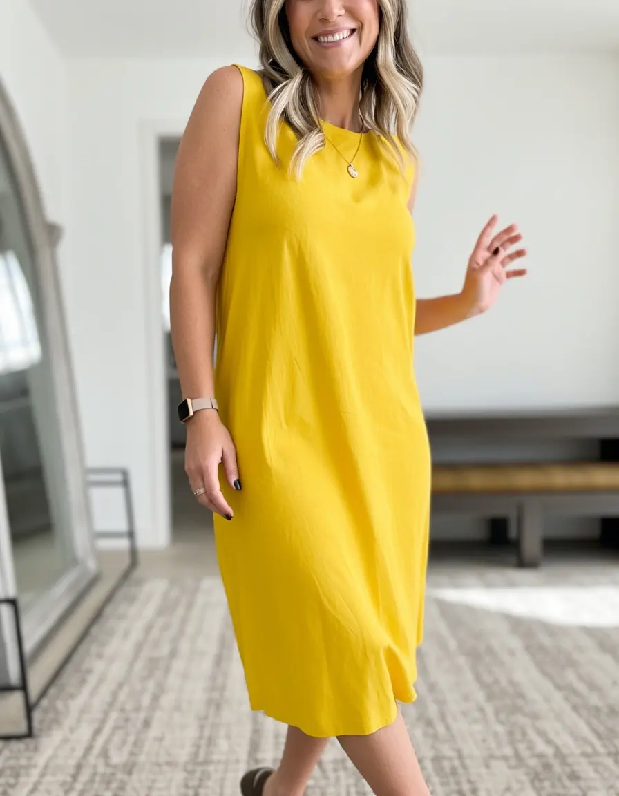 Model in einem zitronengelben Etuikleid, lässig