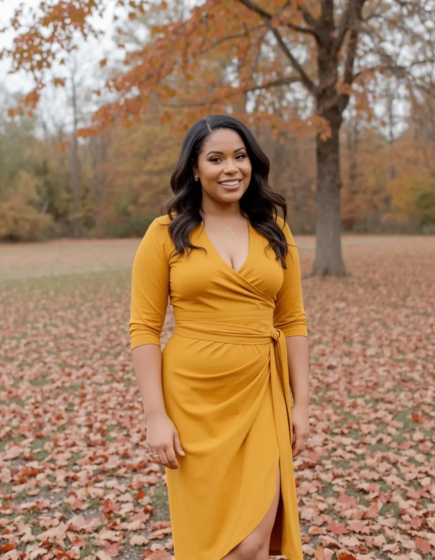 Dame in senfgelbem Wickelkleid im Herbst