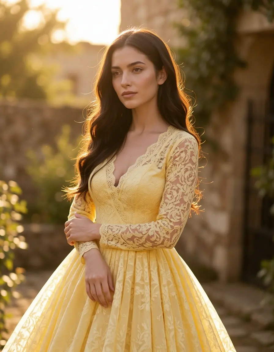Frau in buttergelbem Spitzenkleid, romantisch