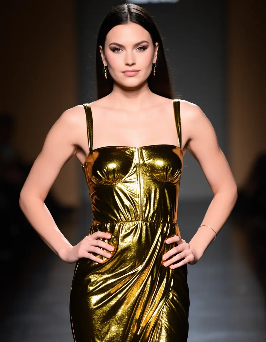 Frau in einem glänzenden metallischen Goldkleid