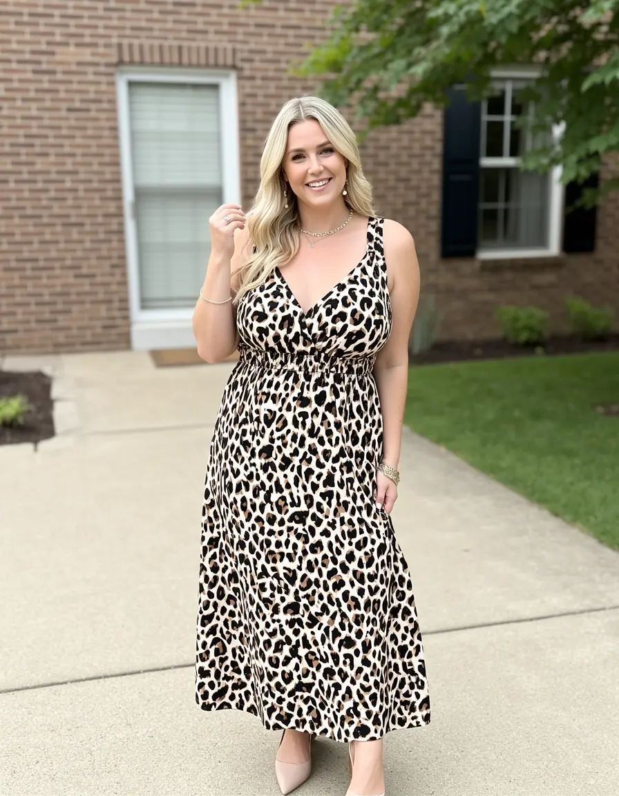 Frau in klassischem Leoparden-Midikleid