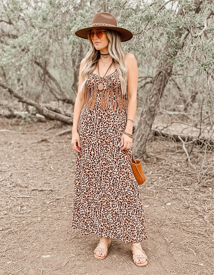 Dame im Leoparden-Maxikleid