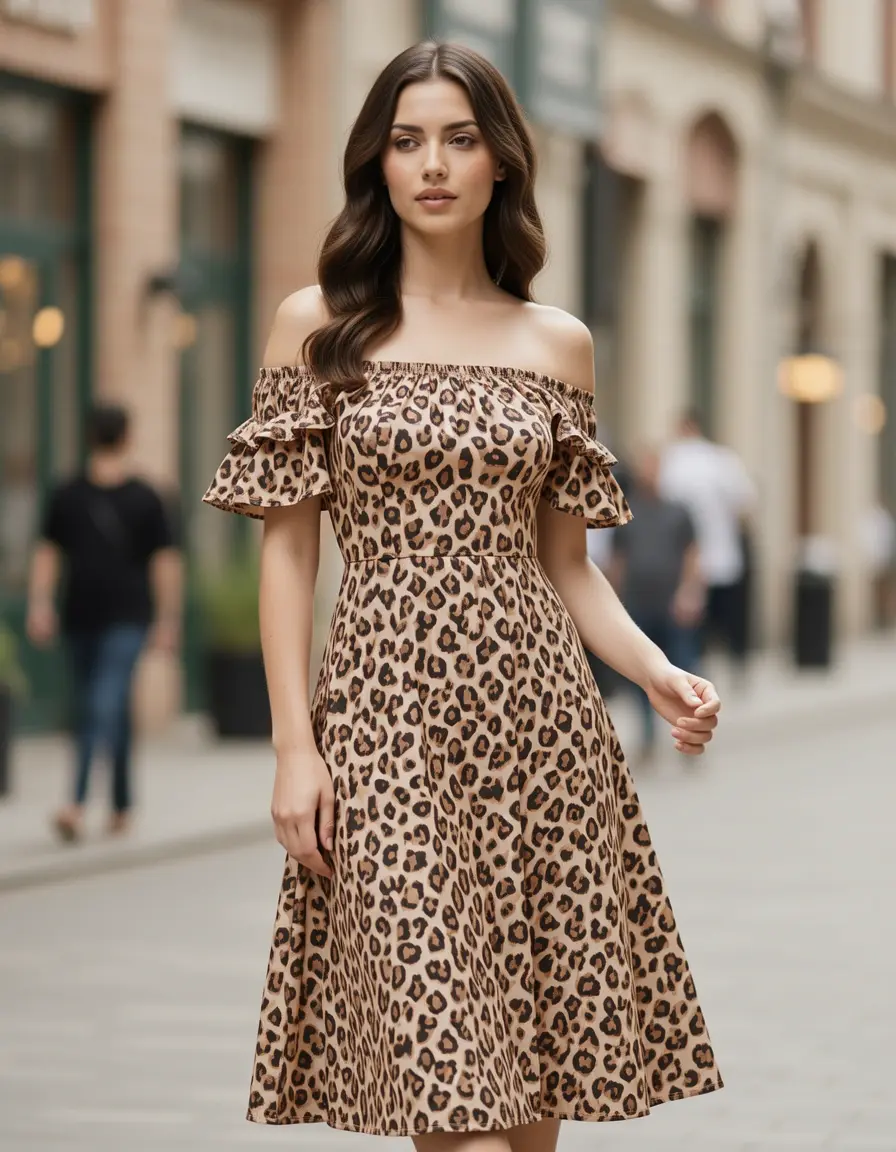 Frau im schulterfreien Leopardenkleid