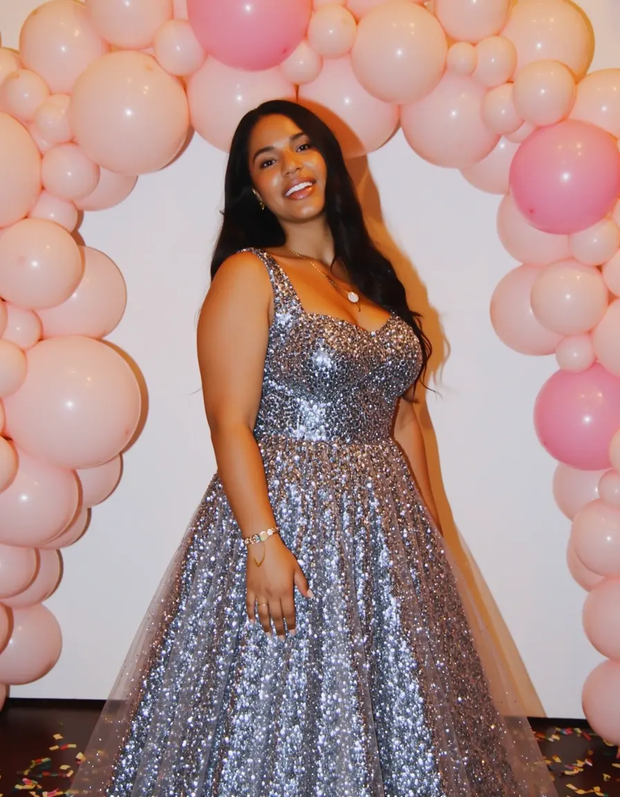 Mädchen in einem festlichen Partykleid vor Ballons