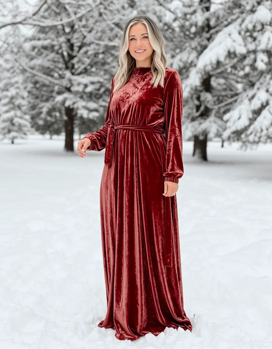 Mädchen in einem eleganten Samtkleid für den Winter