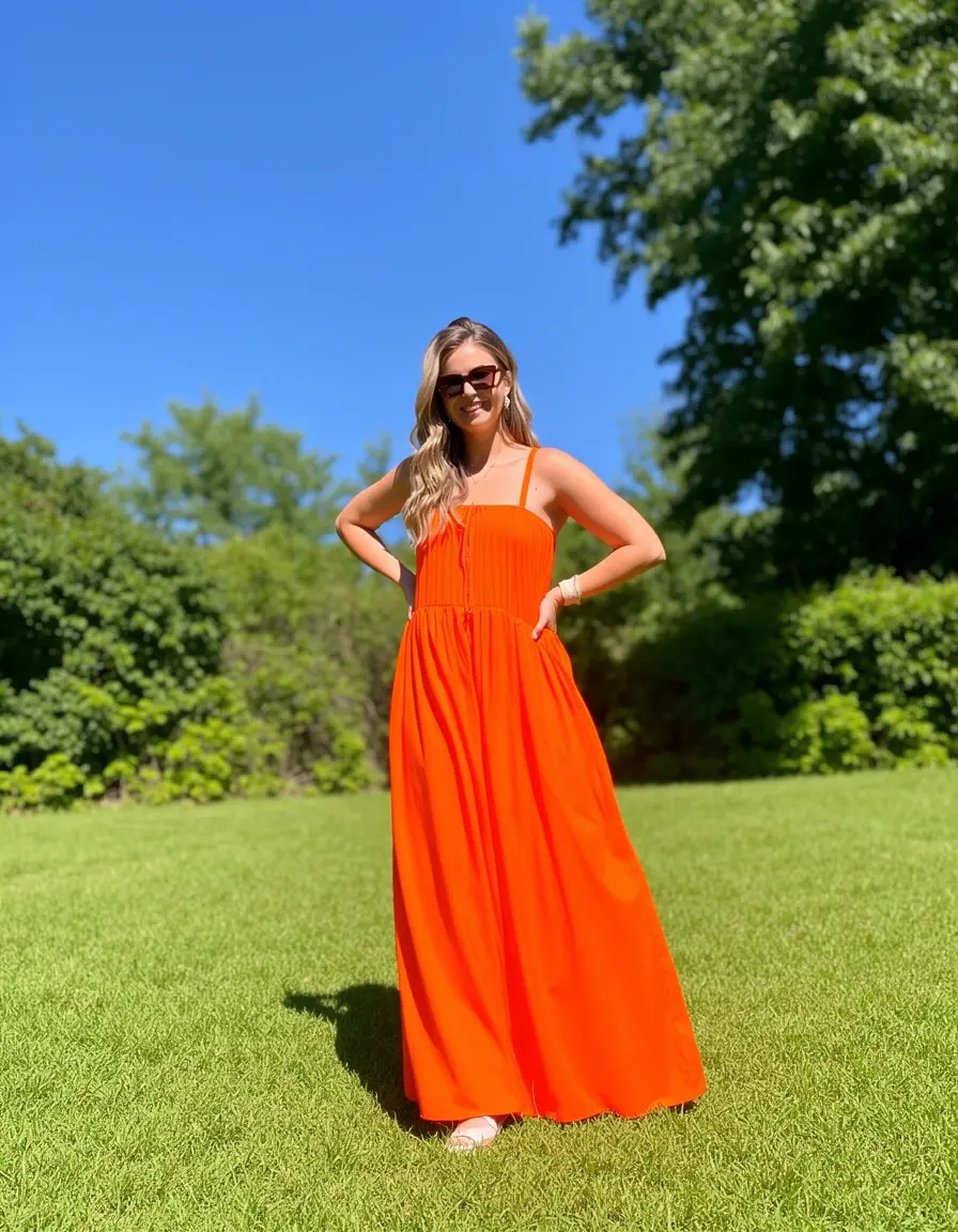 Frau in leuchtend orangenem Maxikleid an einem sonnigen Tag