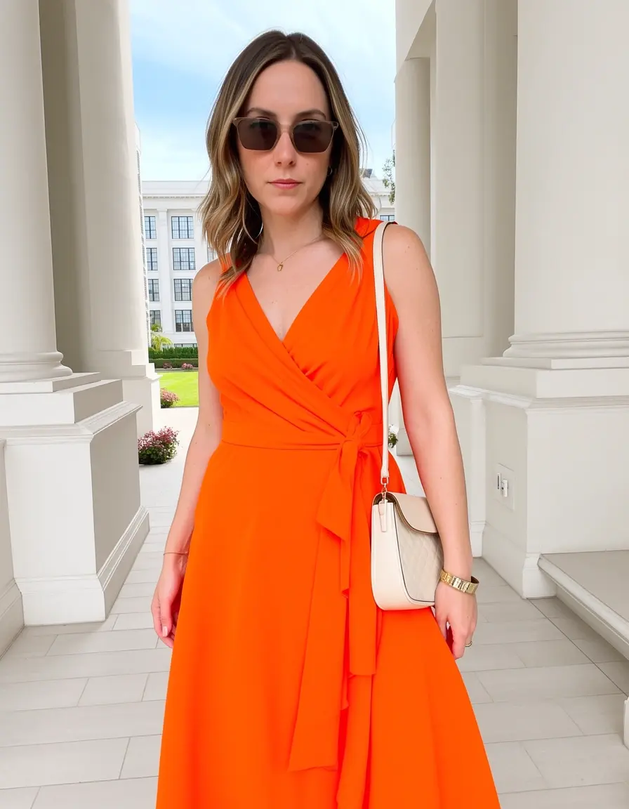 Model im mandarin-orangenen Wickelkleid