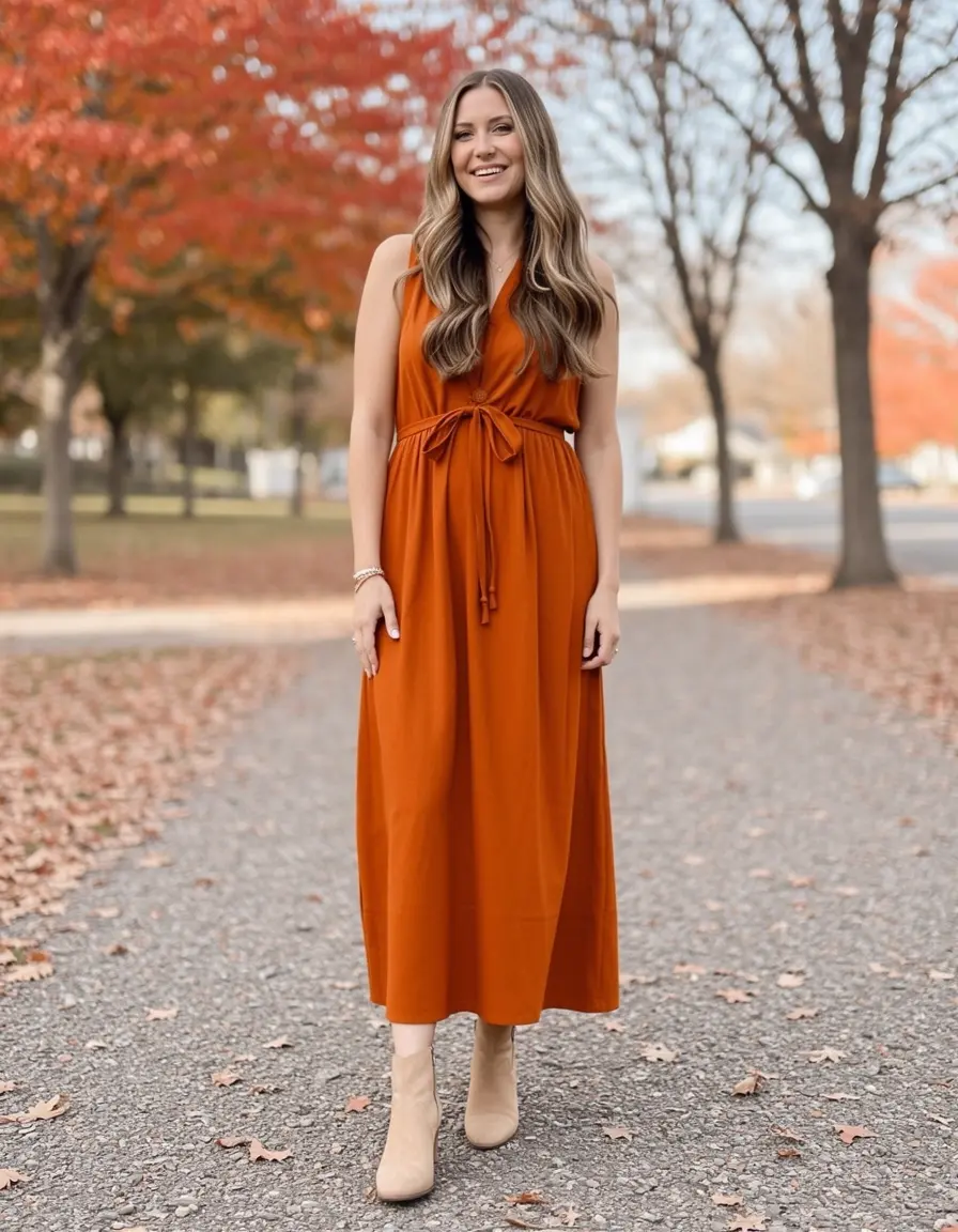 Dame im herbstlichen Midikleid in Rostorange
