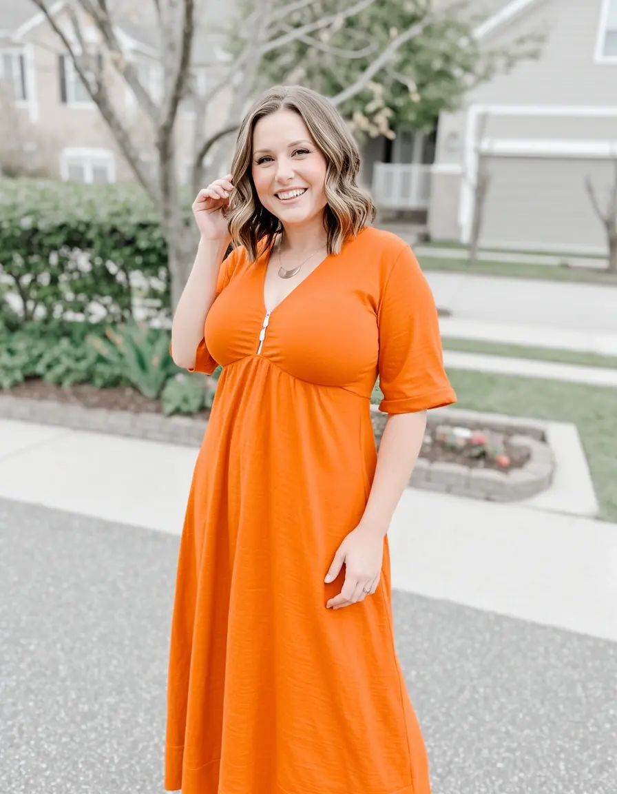 Frau im kürbisorangenen Shift-Kleid