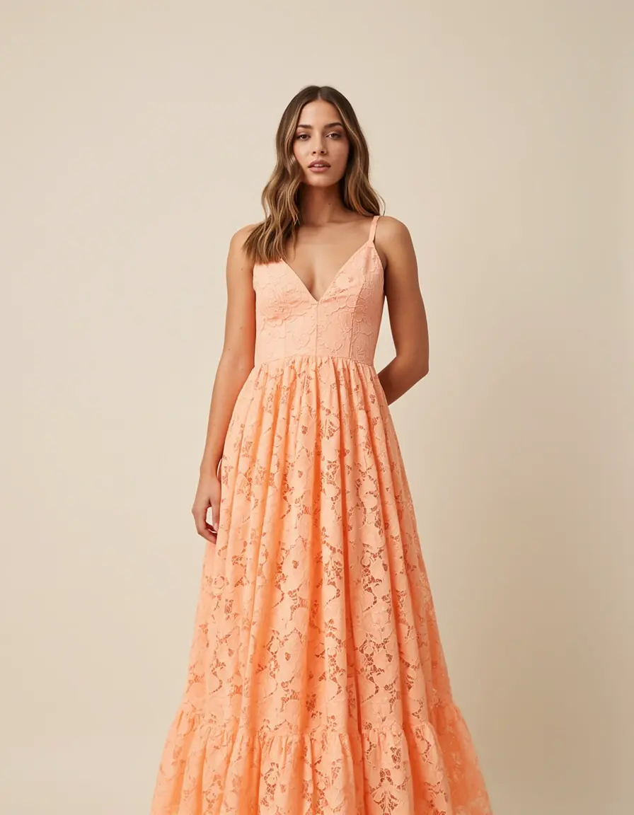 Pastellorangenes Spitzenkleid an einer Frau