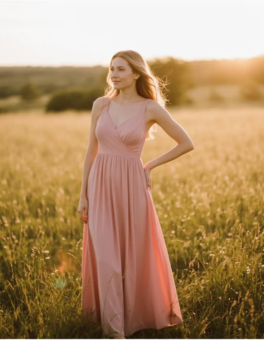 Frau in einem romantischen Blush Pink Midi Kleid