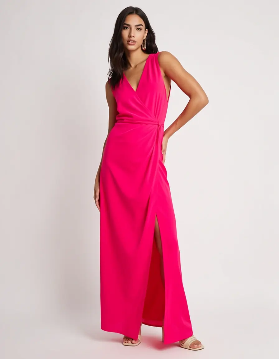 Model in einem Fuchsia Pink Wickelkleid