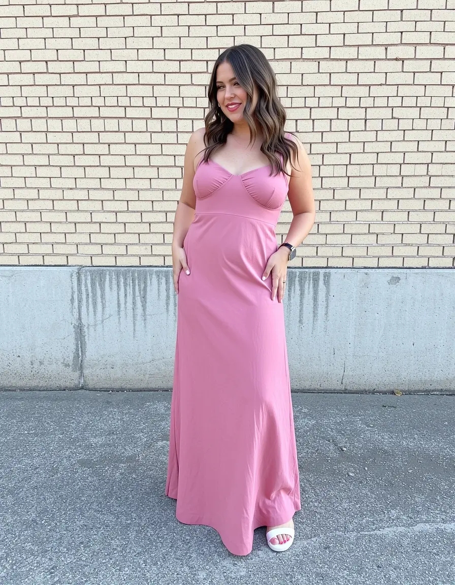 Frau in einem fließenden Rose Pink Maxikleid