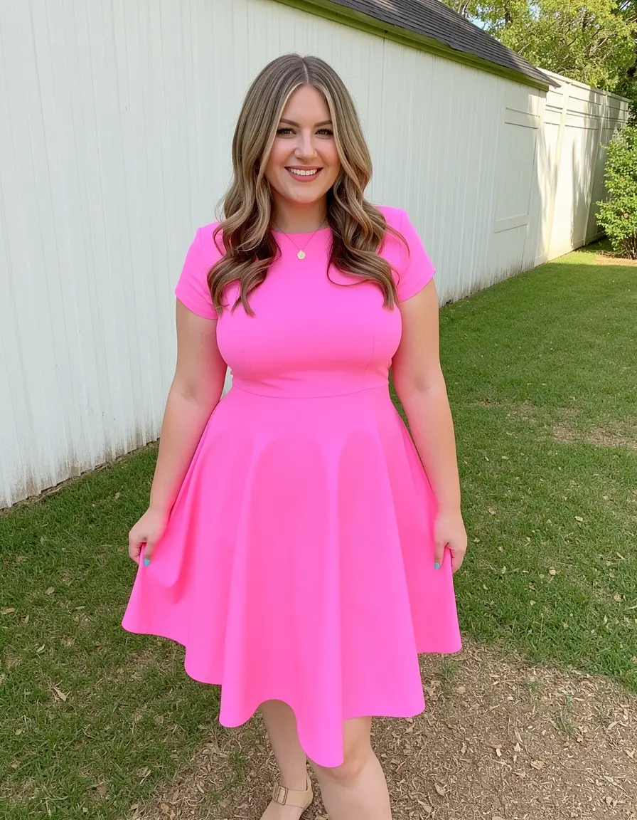 Frau in einem Bubblegum Pink A-Linien Kleid