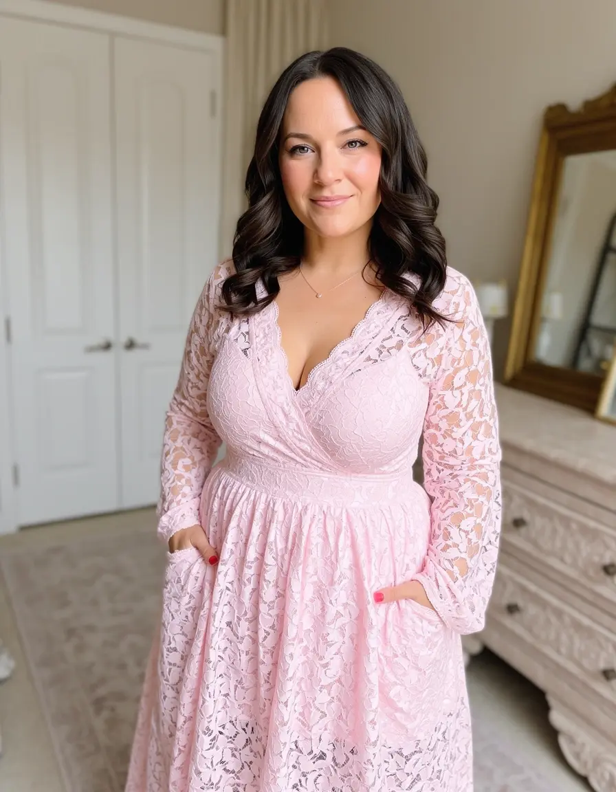 Frau in einem edlen Pastellrosa Spitzenkleid