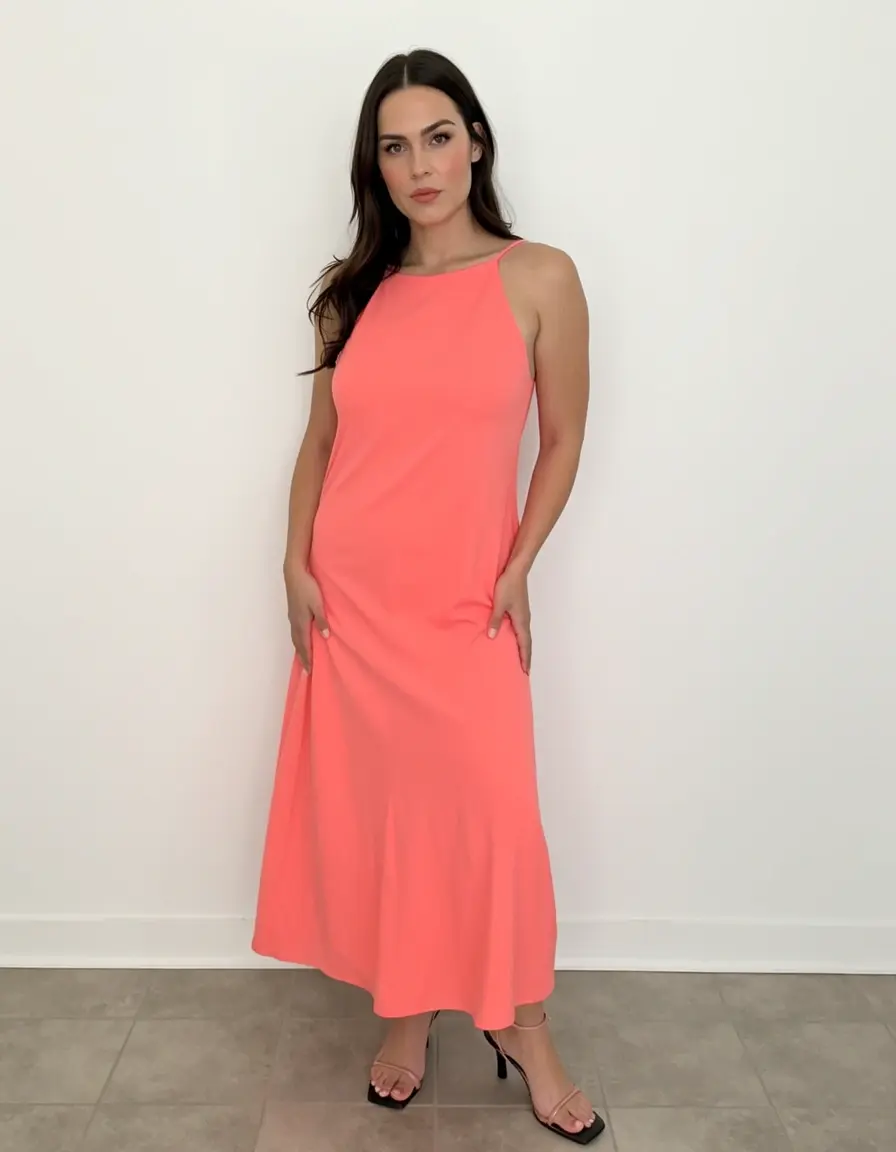 Frau in einem lachsfarbenen Schichtkleid