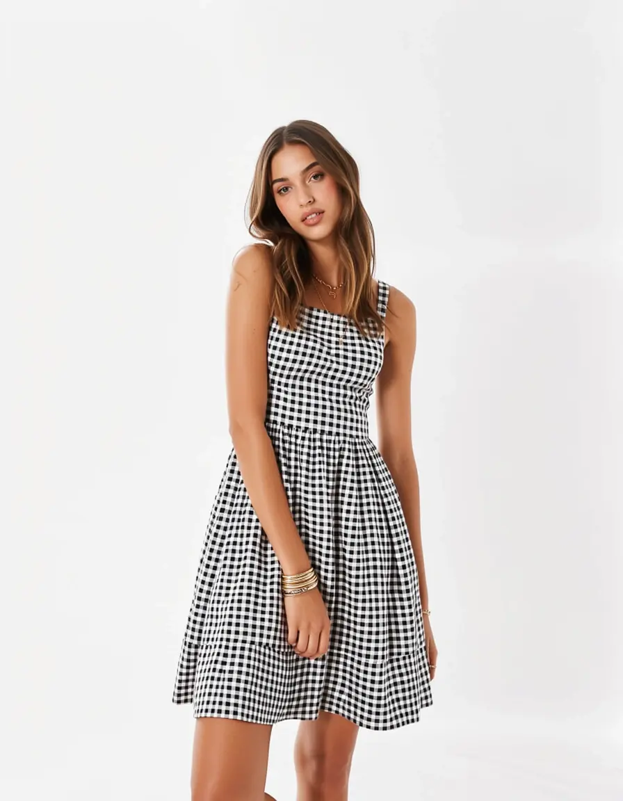 Checkered BW Dress - Frau in kariertem schwarz-weißem Kleid
