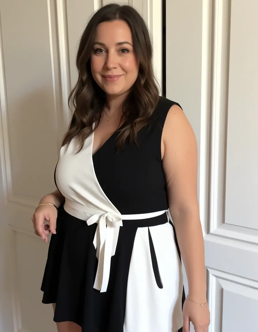 Contrast BW Wrap Dress - Frau in schwarz-weißem Wickelkleid