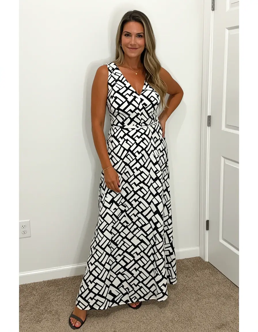 Geometric BW Midi Dress - Frau in geometrischem schwarz-weißem Kleid