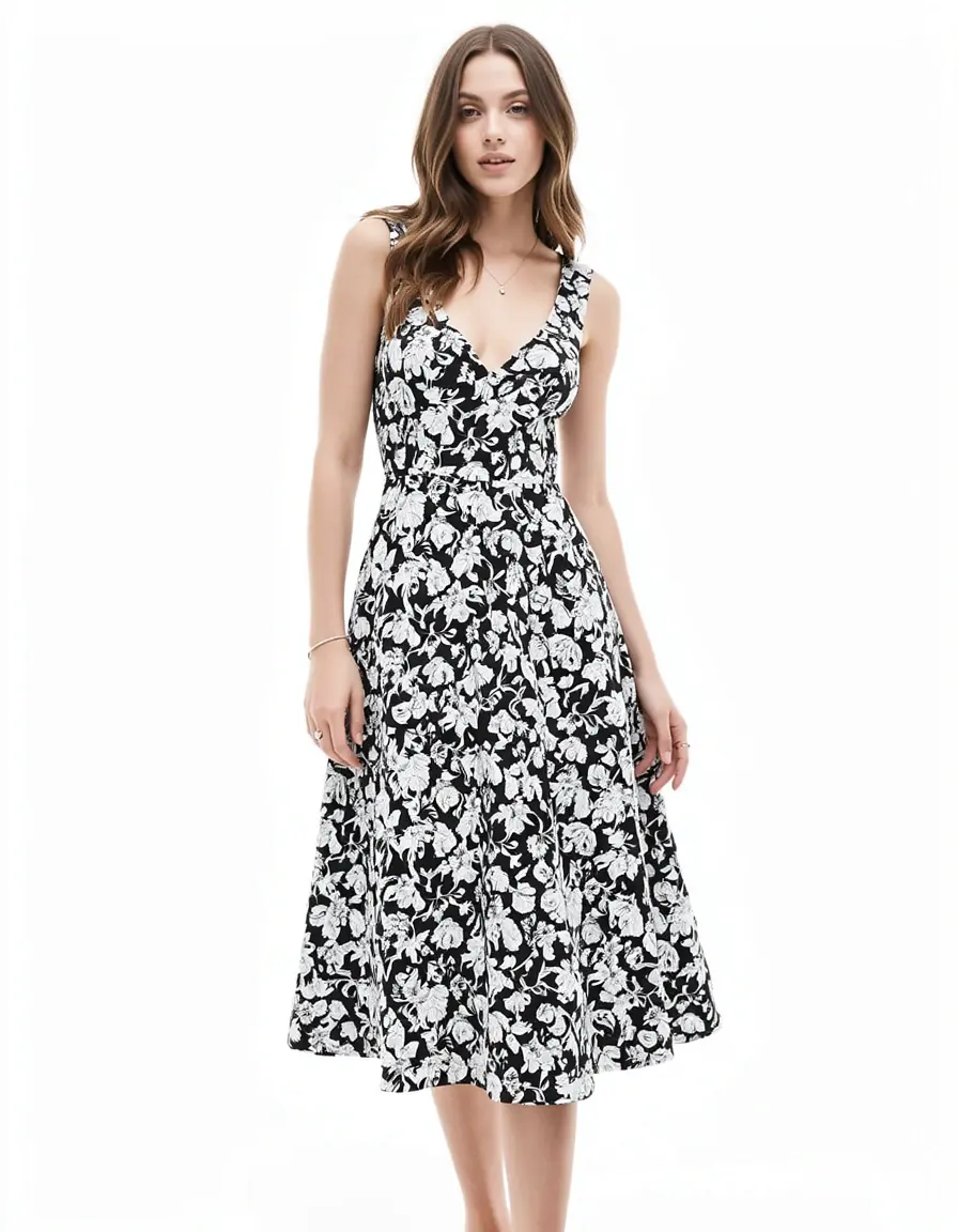Floral BW A-Line Dress - Frau in floralem schwarz-weißem A-Linien-Kleid