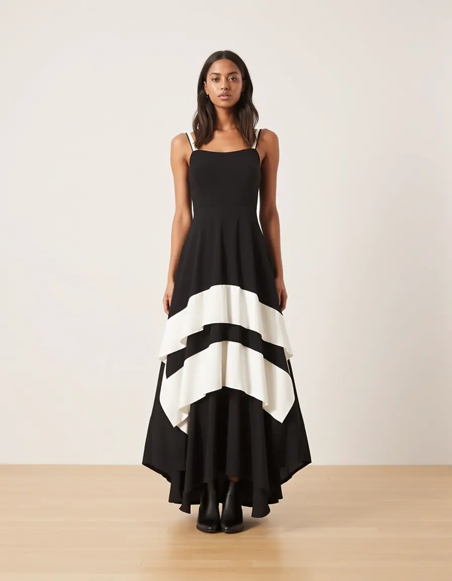 Layered BW Shift Dress - Frau in schwarz-weißem Schichtenkleid
