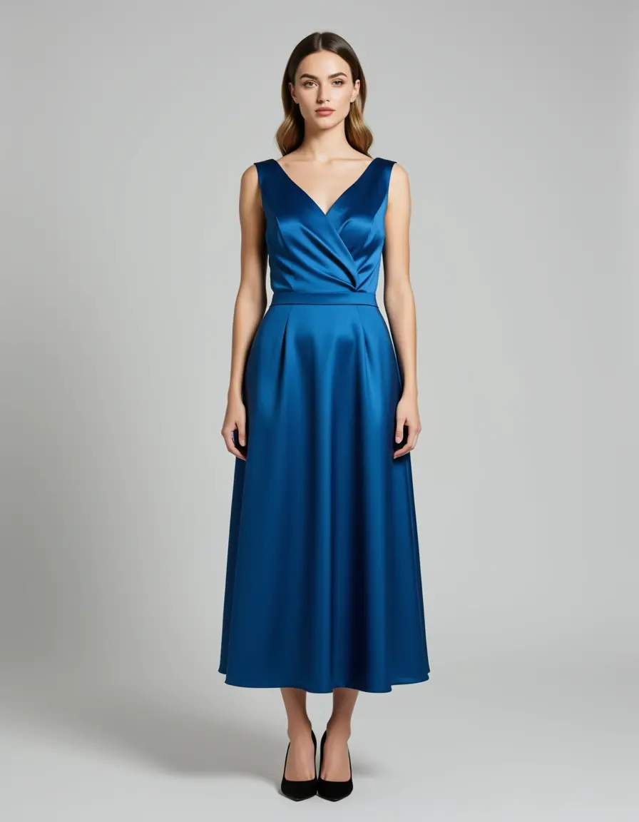 Modell in einem Satin-Midi-Kleid