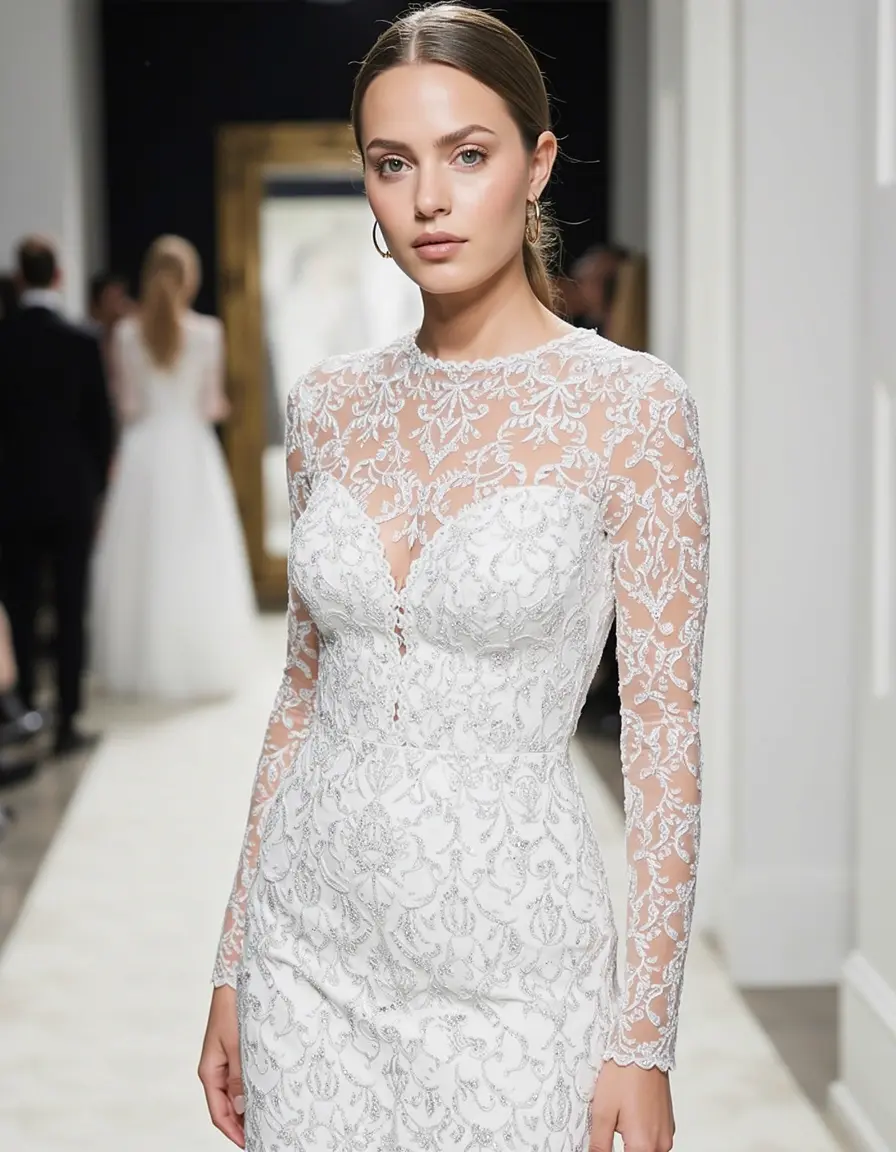 Model in einem White Gold Lace Dress