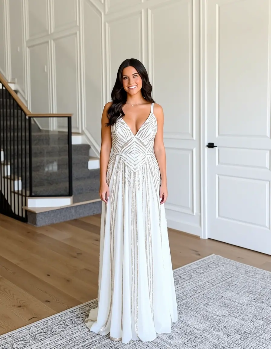 Frau in einem fließenden White Gold Maxi Dress