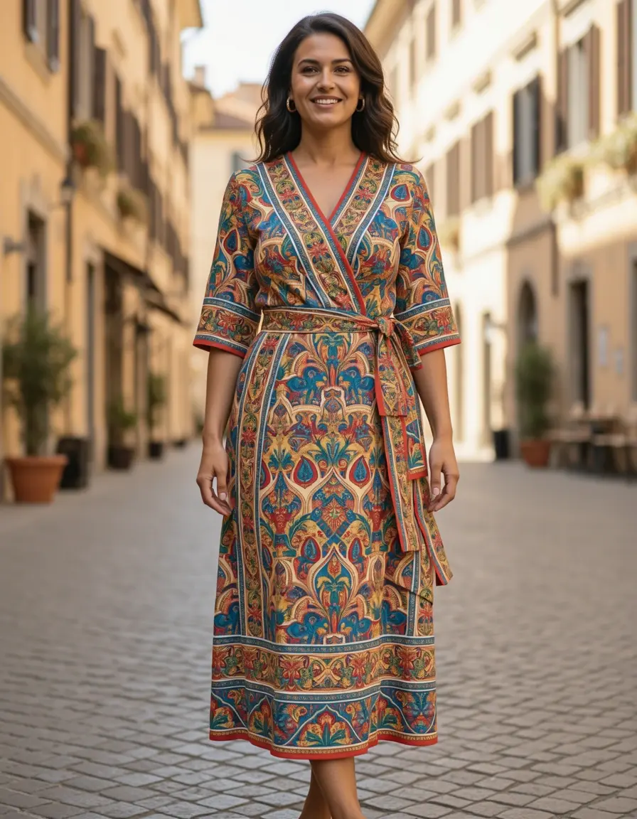 Buntes Wickelkleid mit italienischem Print