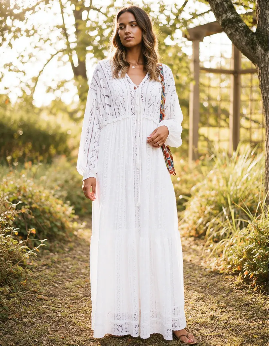 Model in langem weißem Boho Kleid