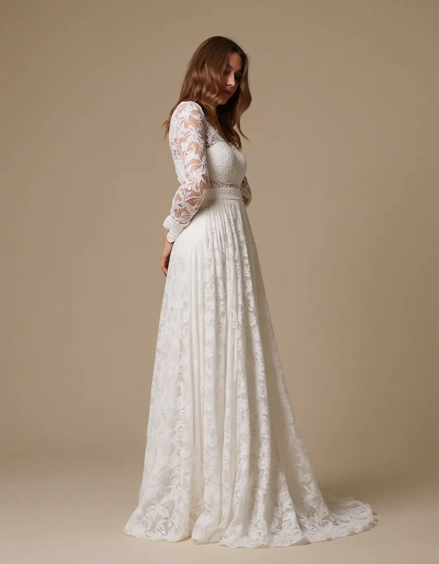 Dame in langem weißem Spitzenkleid