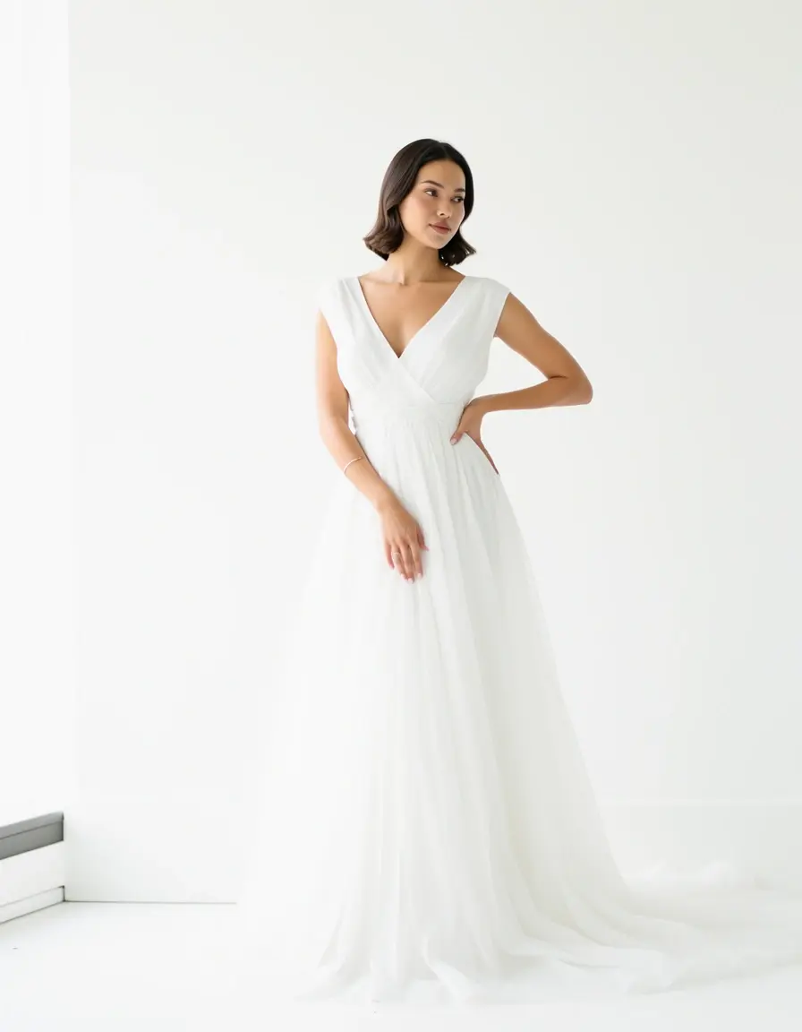 Frau in langem weißem Chiffonkleid