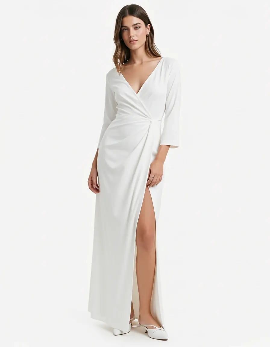 Model in langem weißem Wickelkleid