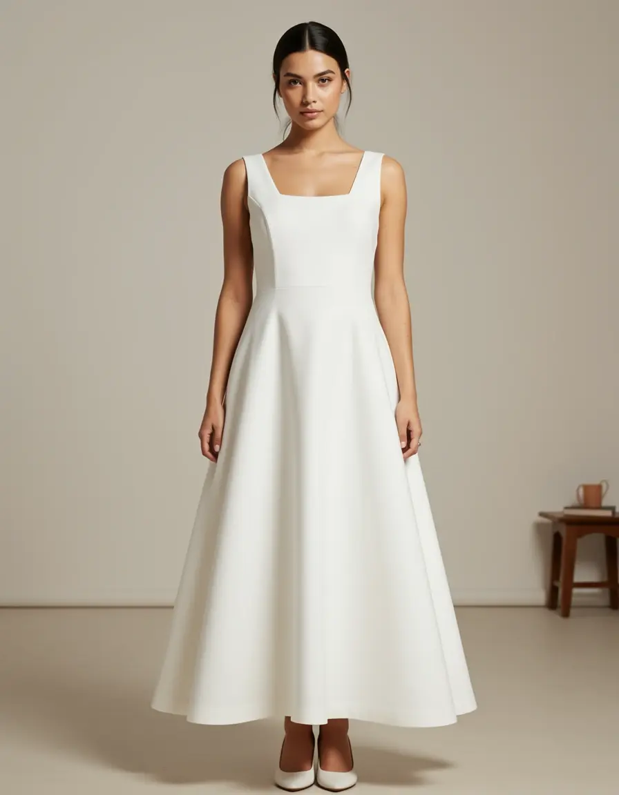 Langes weißes A-Linien Kleid an einer Frau