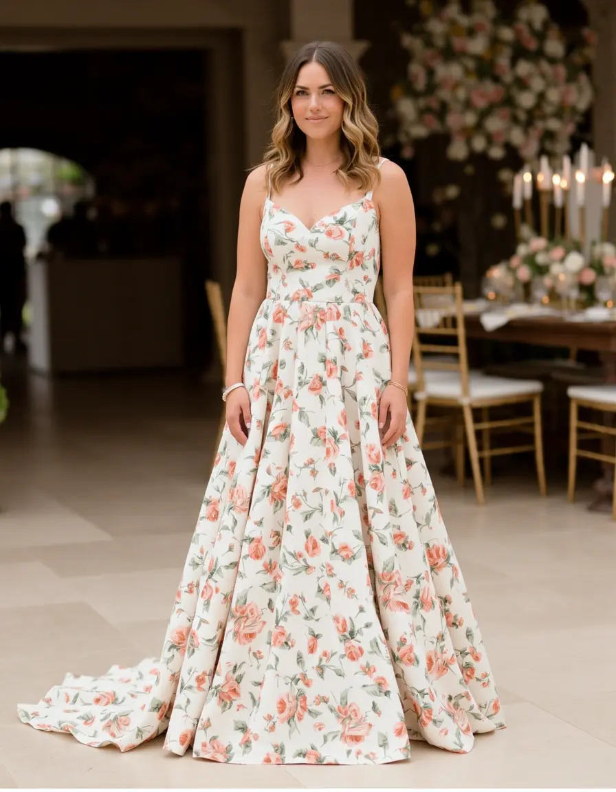 woman in floral wedding guest dress