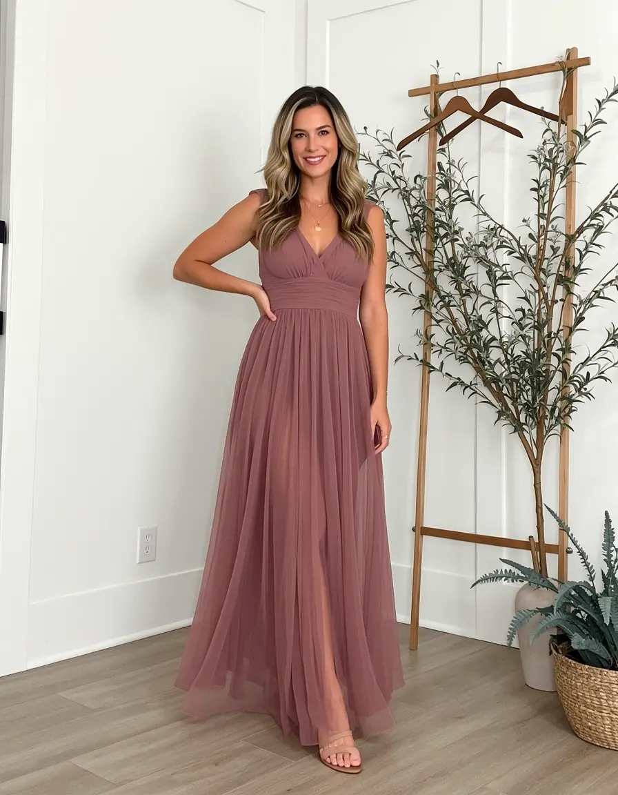 lady in chiffon maxi guest dress