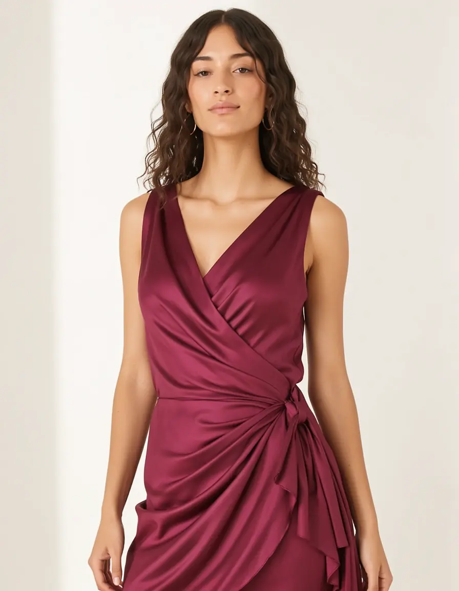 female in wrap silk guest dress
