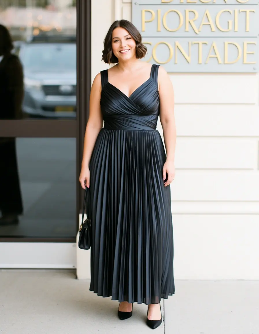 woman in pleated cocktail guest dress