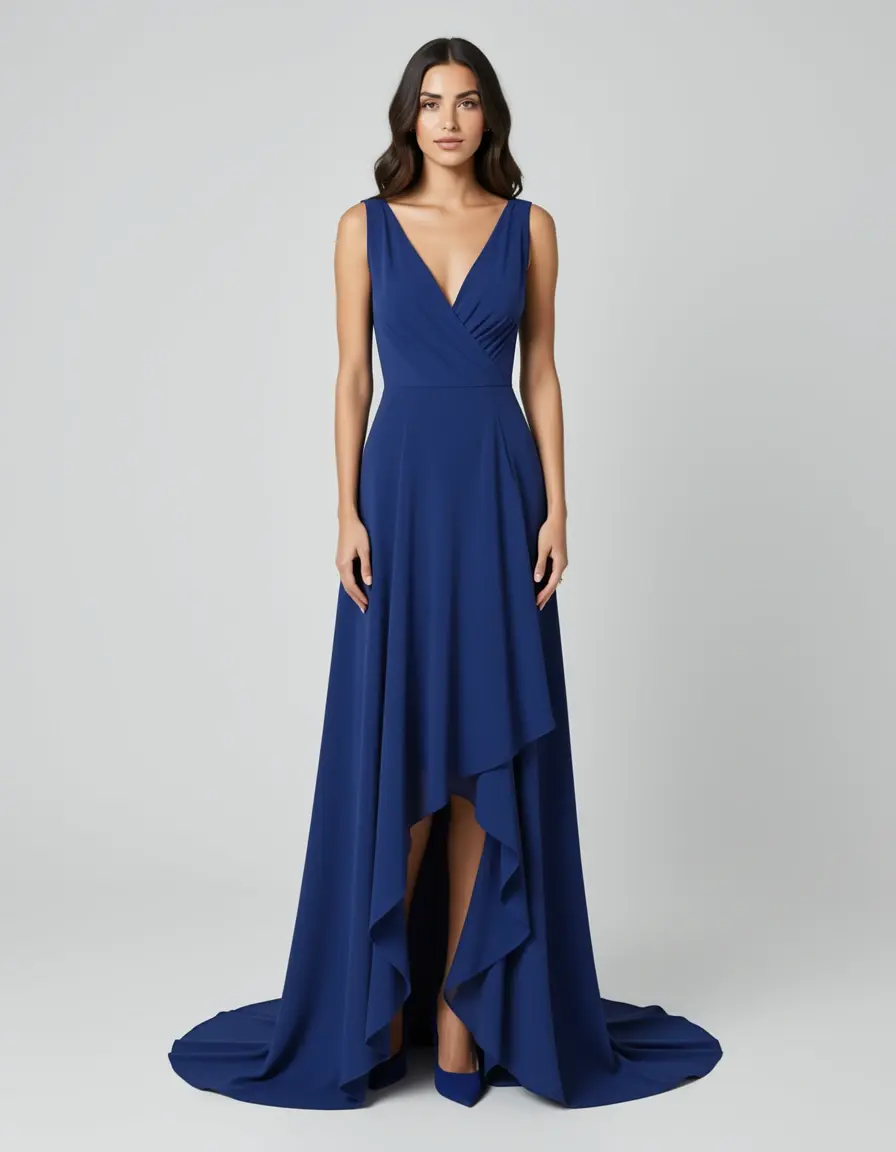 model in asymmetrical hem guest dress
