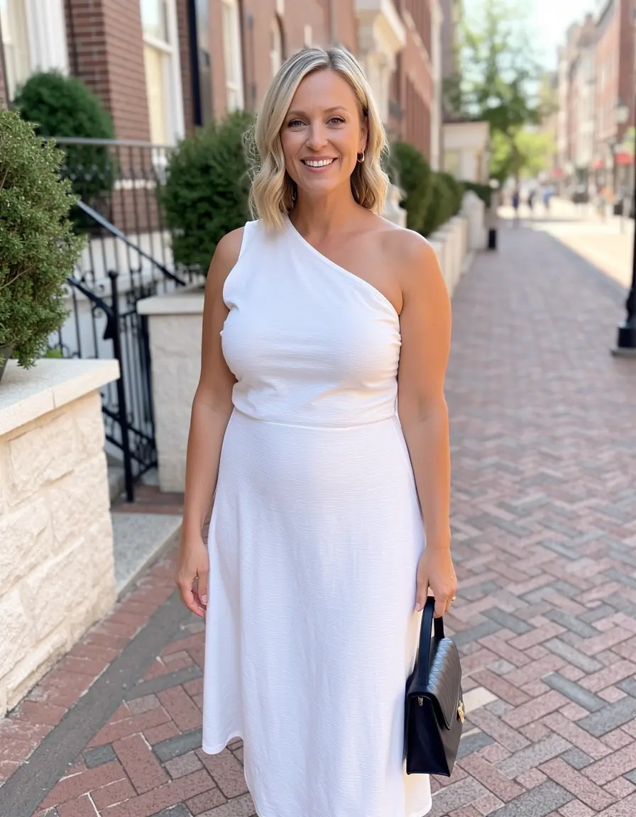 Frau in einem One-Shoulder Midi Kleid