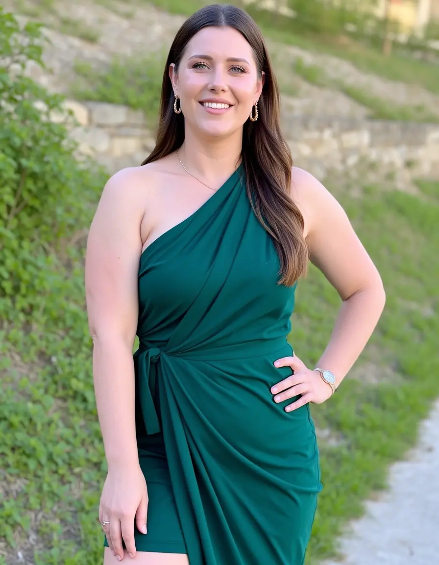Frau in einem Wickelkleid mit einem Träger
