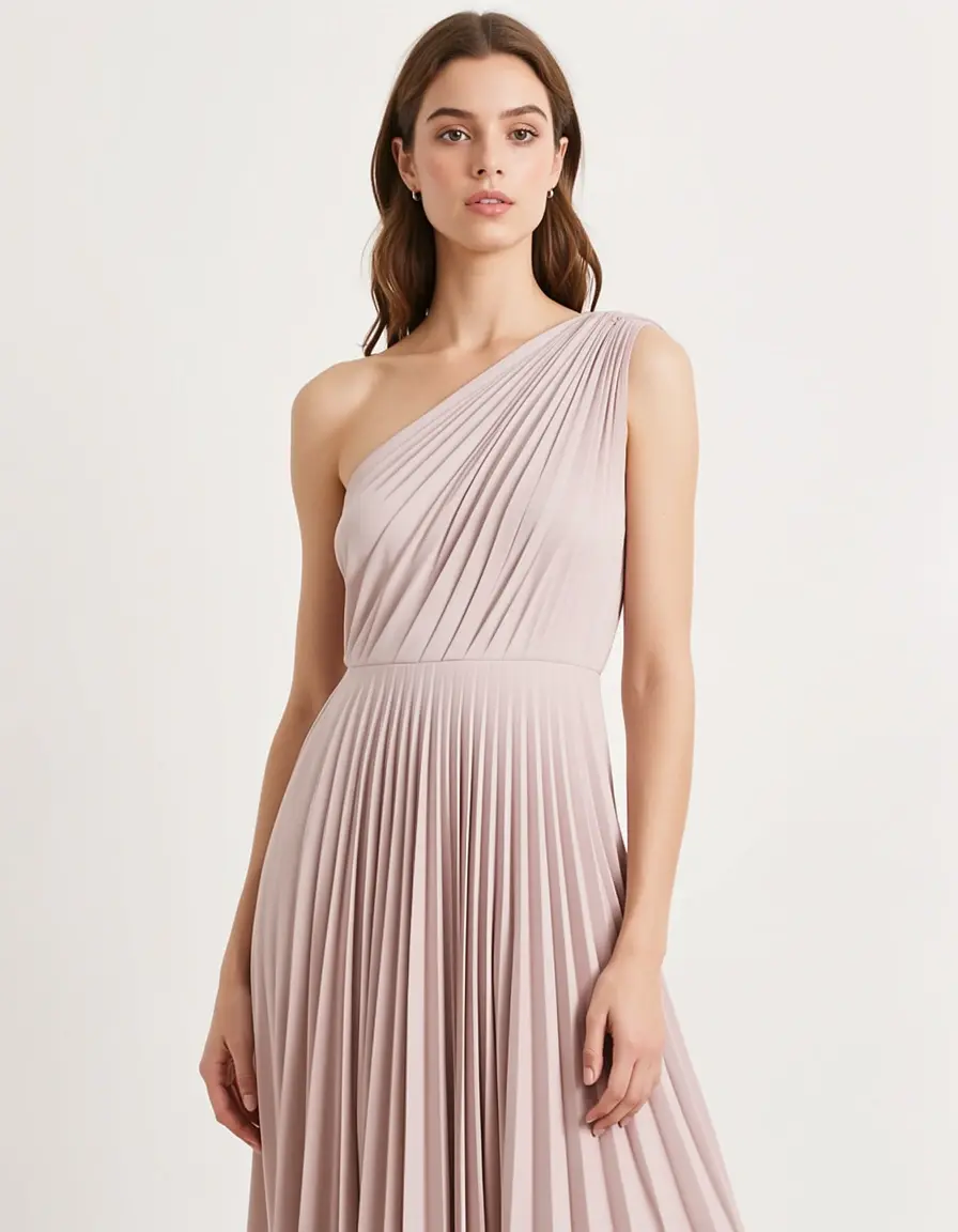 Model in einem plissierten One-Shoulder Kleid
