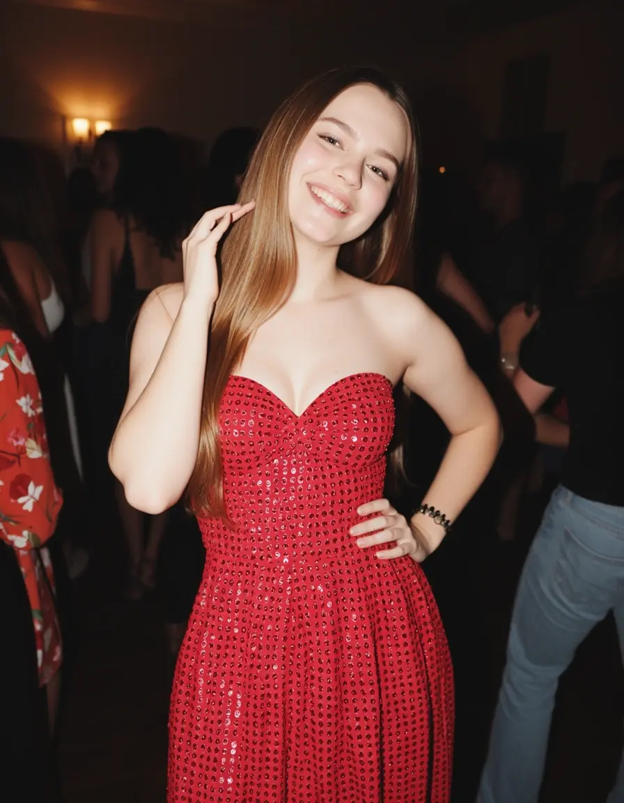Mädchen im festlichen Partykleid in süßer Pose