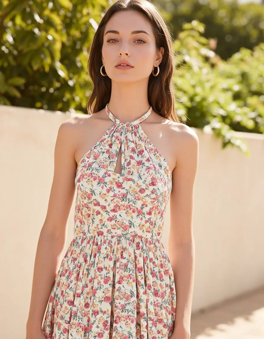 Model Mädchen in einem wunderschönen floralen Kleid