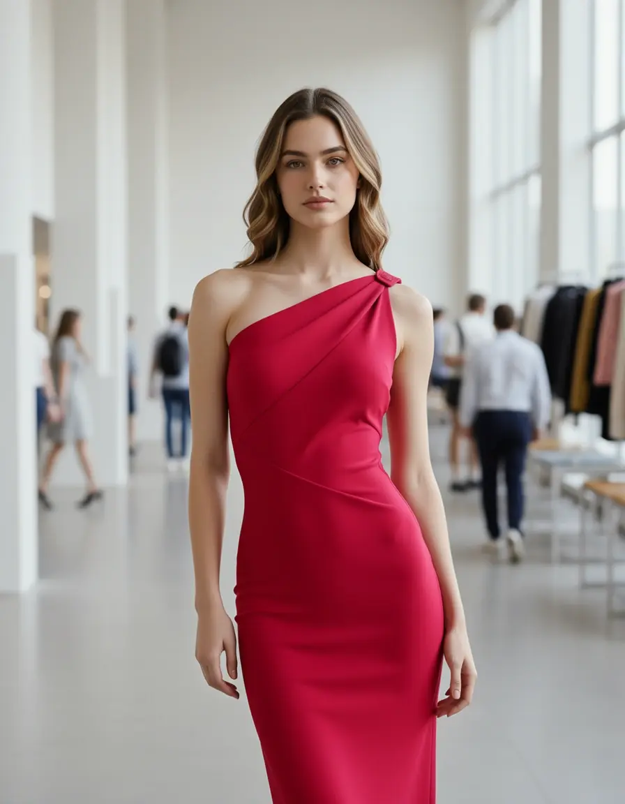 Model Mädchen in einem schlichten, modernen Shift Kleid