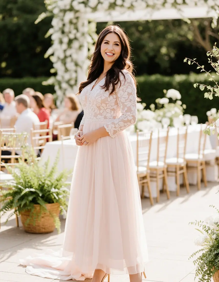 Frau im Guest Midi Dress für eine Hochzeit