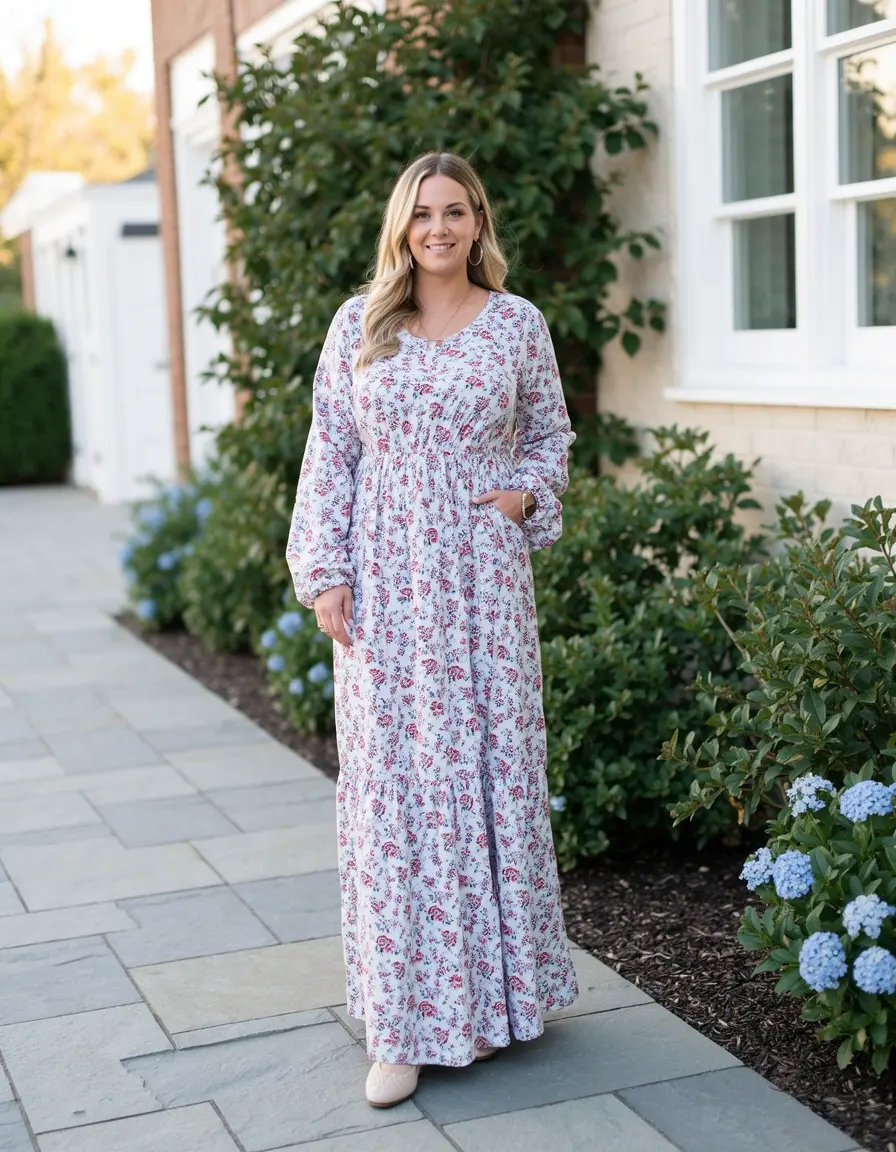 Frau in einem eleganten Langarm-Maxikleid