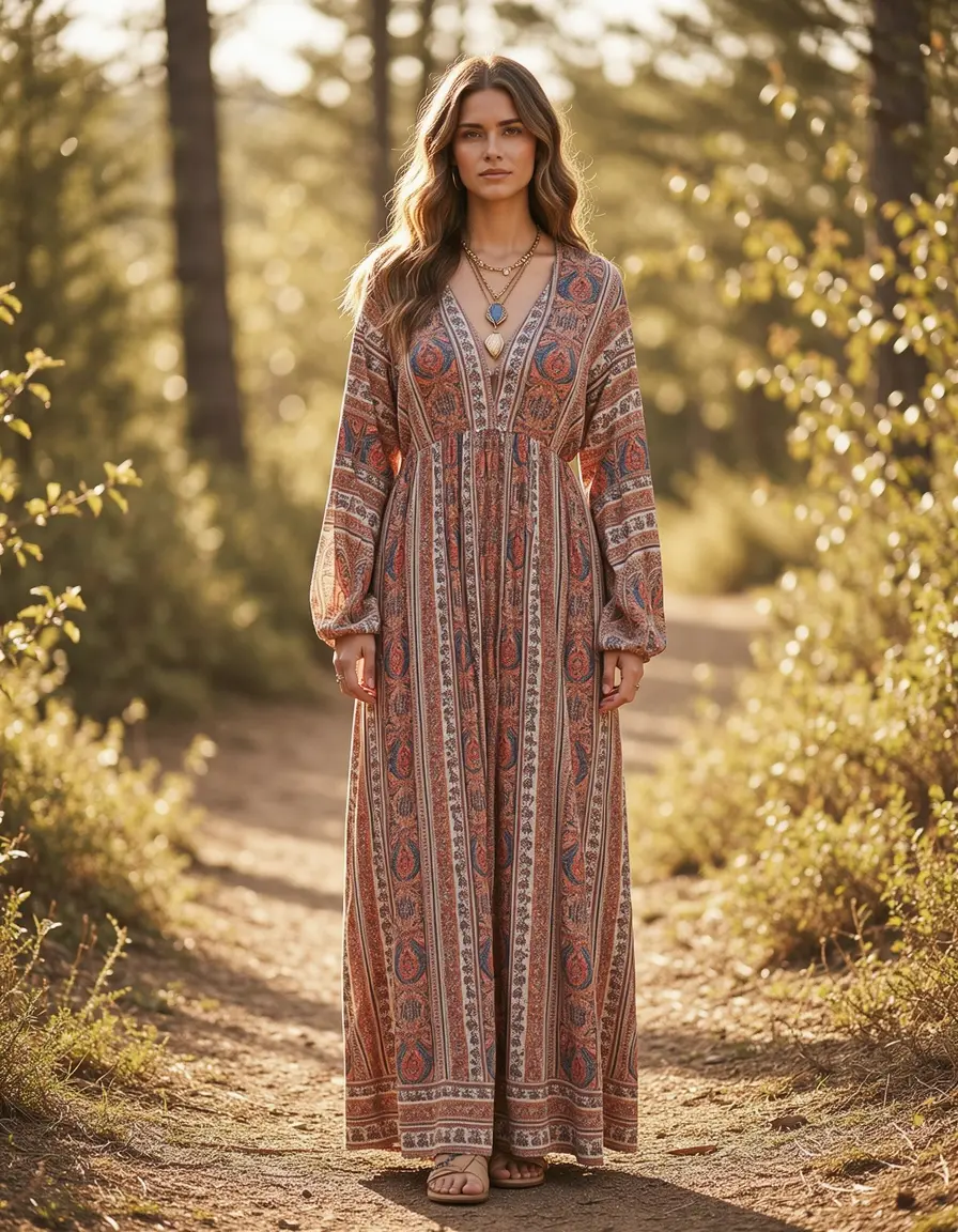 Langes Boho-Kleid mit Muster