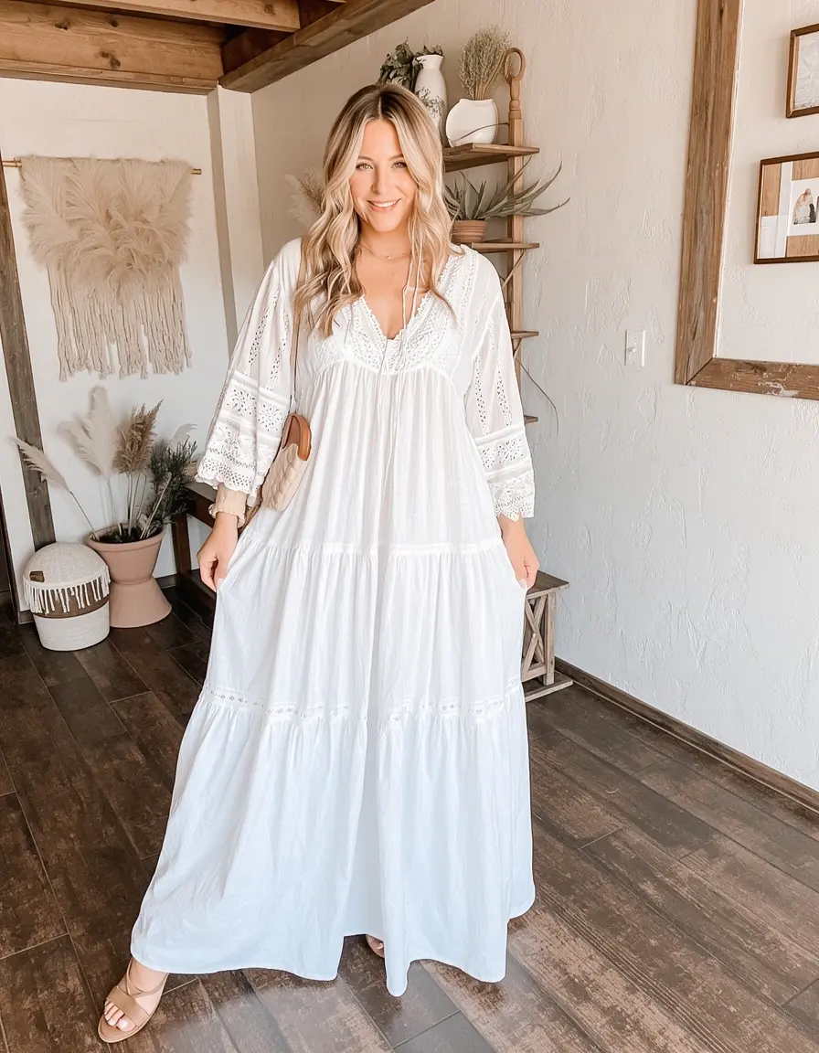 Langes weißes Boho Kleid für Damen